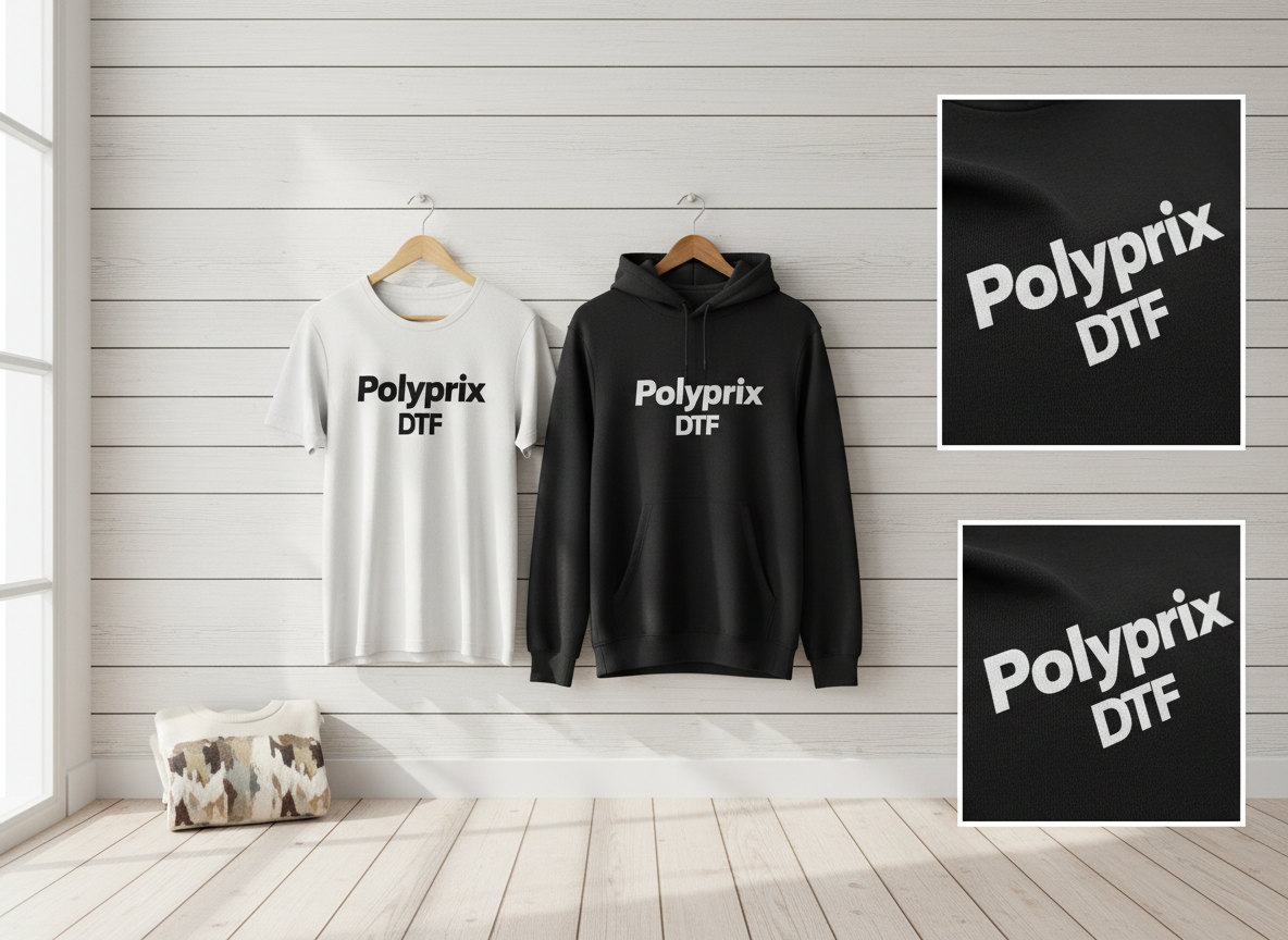 Vestuário personalizado Polyprix - t-shirts, hoodies e sweaters com estampagem DTF de alta qualidade feitos em Portugal.