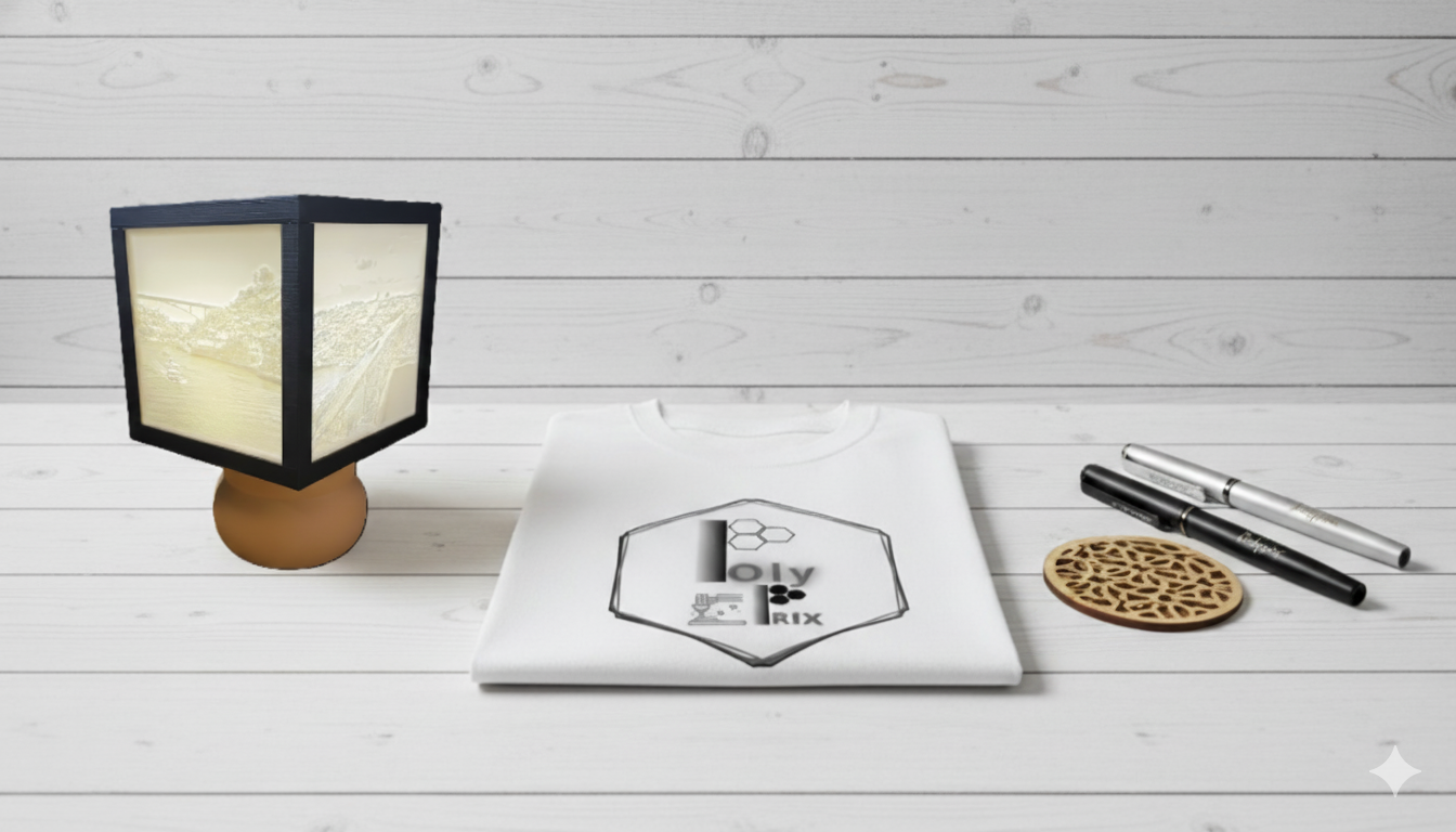 Produtos personalizados Polyprix - candeeiro lithophane 4 fotos, t-shirt personalizada e gravações laser